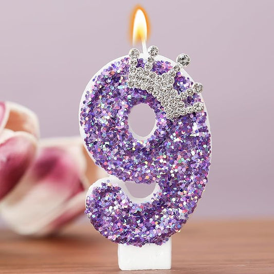 Purple Crown Birthday Candle, Glitter Number 9 Cake Topper With Sequins for Anniversary Celebrations Supplies