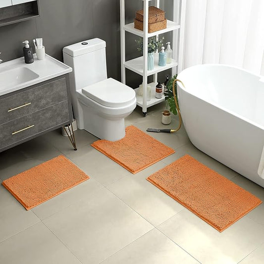 HOMEIDEAS 3 Pieces Bathroom Rugs, Ultra Soft Non Slip Absorbent Chenille Toilet Bath Mat Set (Orange)