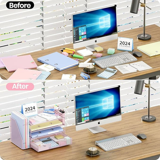 OPNICE Desk Organizer, 4-Tier Desktop File Organizer with Drawer and 2 Pen Holders, Office Desk Accessories, File Sorters, Workspace Organizers for Office Supplies(Pink)