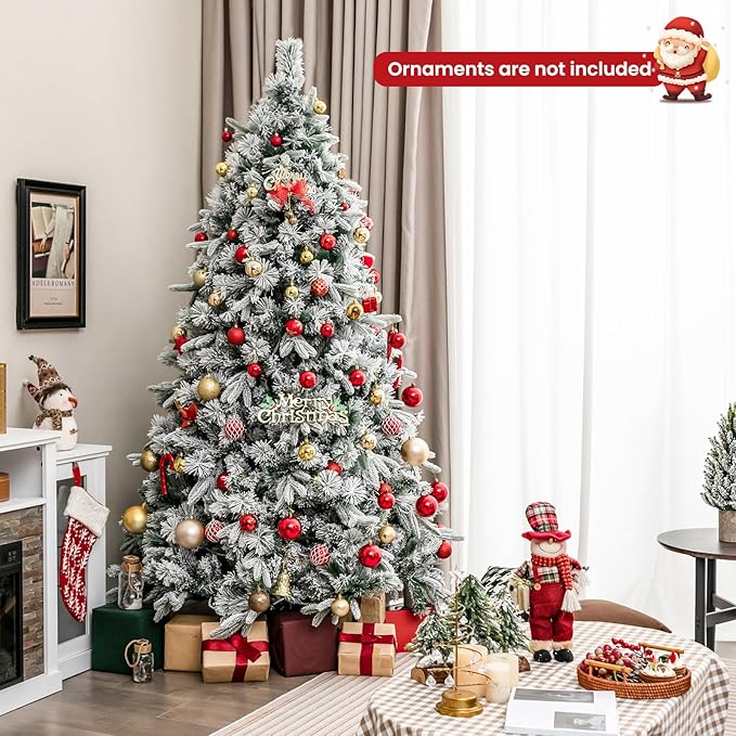 GOFLAME 7 FT Pre-Lit Christmas Tree with Pine Needles, Snow Flocked Christmas Tree with 300 Warm White LED Lights & 1096 Mixed Branch Tips, Hinged Xmas Decoration Tree for Home, Office, Carnival