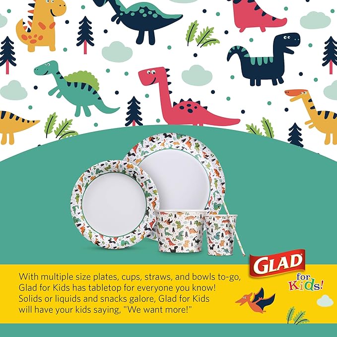 Glad for Kids Dinosaur Party Supplies - Heavy Duty Disposable Paper Snack Bowls with Lids, Perfect for Birthday Parties, Colorful Party Plates. Great for Dessert, 12 Ounce - 20 Count