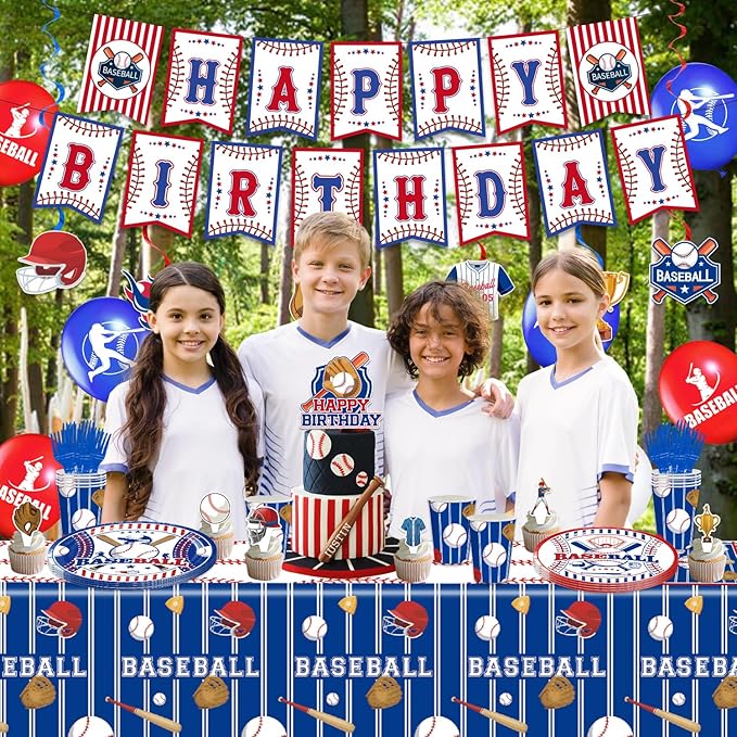 161PCS Baseball Birthday Party Decorations, Baseball Party Supplies Plates and Napkins Set, Tableware,Banner, Hanging Swirls, Tablecloth, Cake Cupcake Topper, Ballons