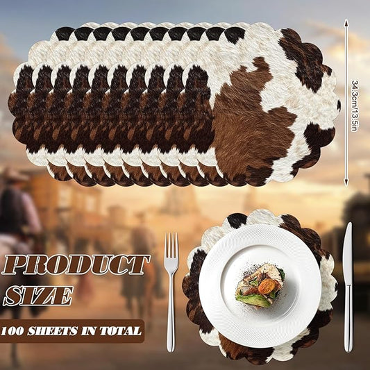 100 Pcs Cow Paper Placemats 13.5 Inches Scalloped Western Placemats Disposable Brown and White Cowhide Place Mats for Western Cowboy Party Wedding Baby Shower Rustic Party Table Decor