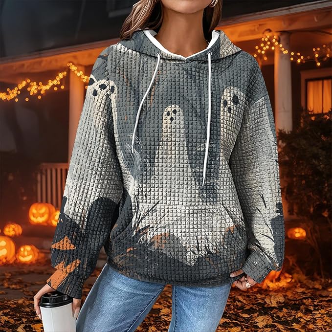 Halloween Sweatshirts for Women Novelty Graphic Drawstring Waffle Hoodies Loose Casual Pullover Tops with Pocket