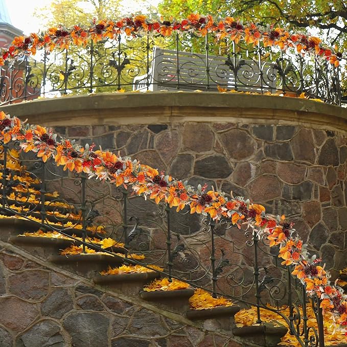 6 Feet Fall Garland for Mantle Autumn Garland with Lamb's Ear Leaves Pinecone Thanksgiving Harvest Decorations for Home Fireplace Farmhouse Porch Outdoor Indoor Table Centerpiece Wall Arch Backdrop