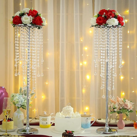10 Pcs Tall Elegant Wedding Centerpiece Stand, Silver Metal Flower Candle Holder with Chandelier Crystal,for Wedding Party Event Birthday,Valentine's Day Home Décor,29.5in