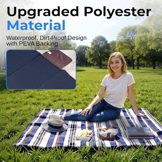 scuddles Blue Extra Large Picnic Blanket 78x59 Inch Waterproof Outdoor Mat Soft 3 Layer Acrylic Sponge PEVA Foldable with Carry Strap Lightweight Compact for Beach Camping Hiking Travel Family Use