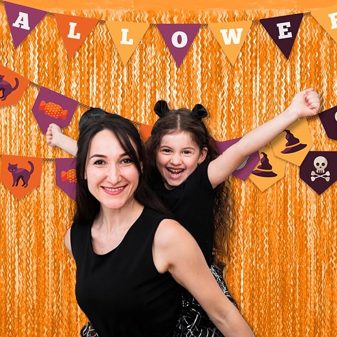 4 Pack Macaron Orange Fringe Curtain Backdrop 3.2Ft x 8.2Ft Metallic Tinsel Foil Fringe Streamers Background for Photo Booth Mother's Day, Easter, Carnival, Birthday, Wedding Party Decoration