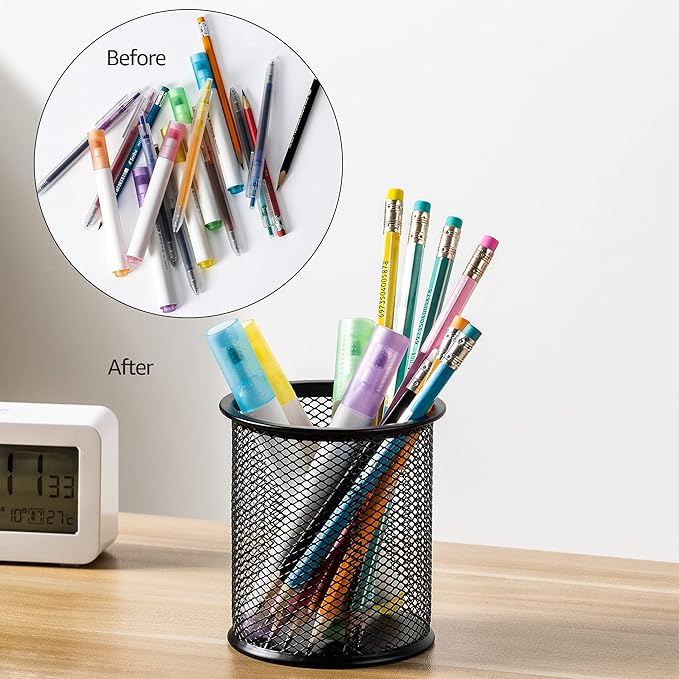 Amazon Basics Wire Mesh Pen Cup, Office Caddy Storage, Black, 3.7" x 3.3"