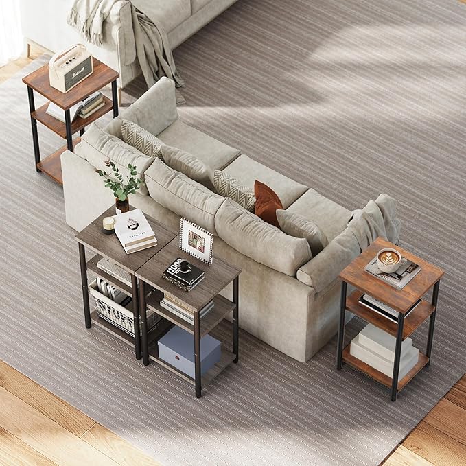 OLIXIS 3 Tier End Table for Small Space, Side Sofa Tables Storage Shelf, Nightstand with Adjustable Feet for Living Room, Bedroom, Office, Set of 2, Oak Grey