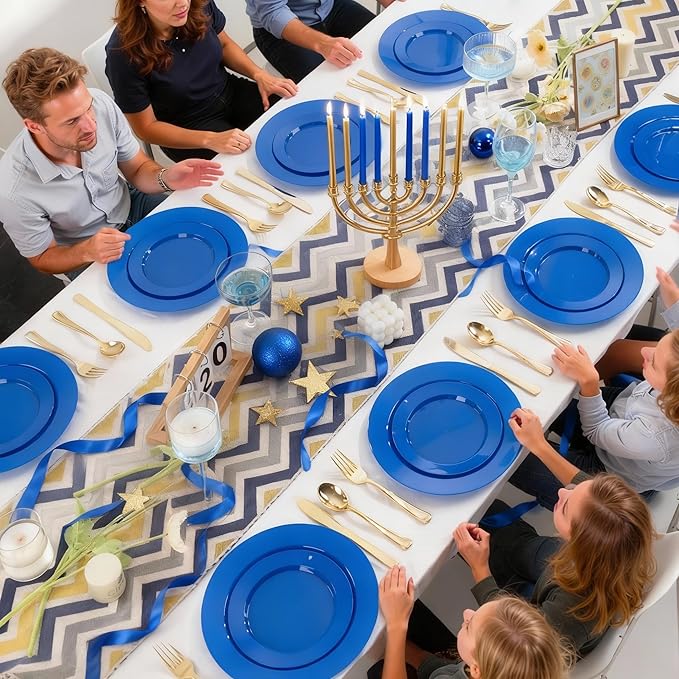 I00000 200 Pcs Hanukkah Plastic Plates, Hanukkah Plates Disposable Blue Party Plates Include 100 Blue Dinner Plate 10’’ and 100 Plastic Dessert Plate 7’’ Perfect for Hanukkah, Party