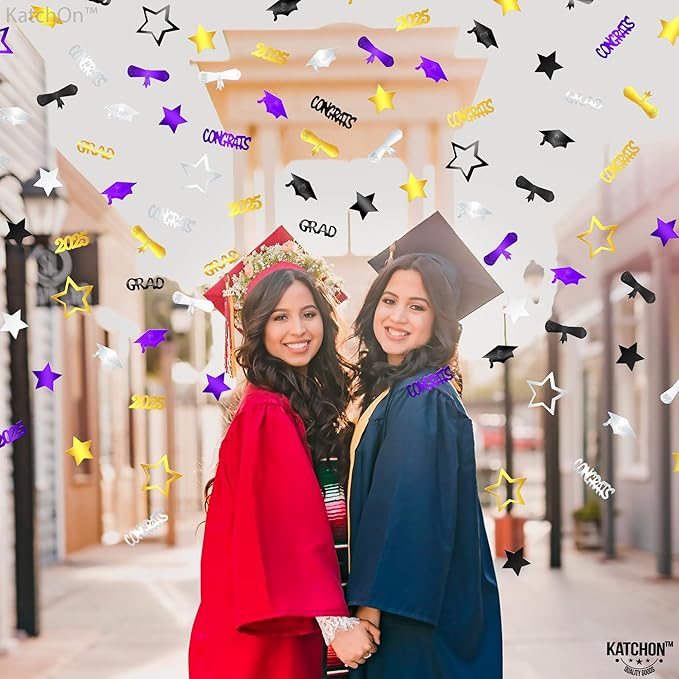 KatchOn, Congrats Grad Confetti 2025 - Pack of 1000 | Purple and Gold Graduation Decorations 2025 | Graduation Table Decorations 2025 | Black, Silver, Purple and Gold Confetti for Table Decor