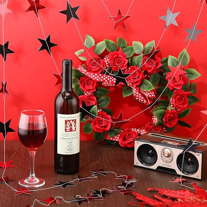 Patelai Glitter Star Garland Banner Christmas Decor 130 Feet Star Hanging Bunting Banner Twinkle Backdrop for Homecoming Classroom Wedding Birthday Halloween Party Supplies(Red,Black)