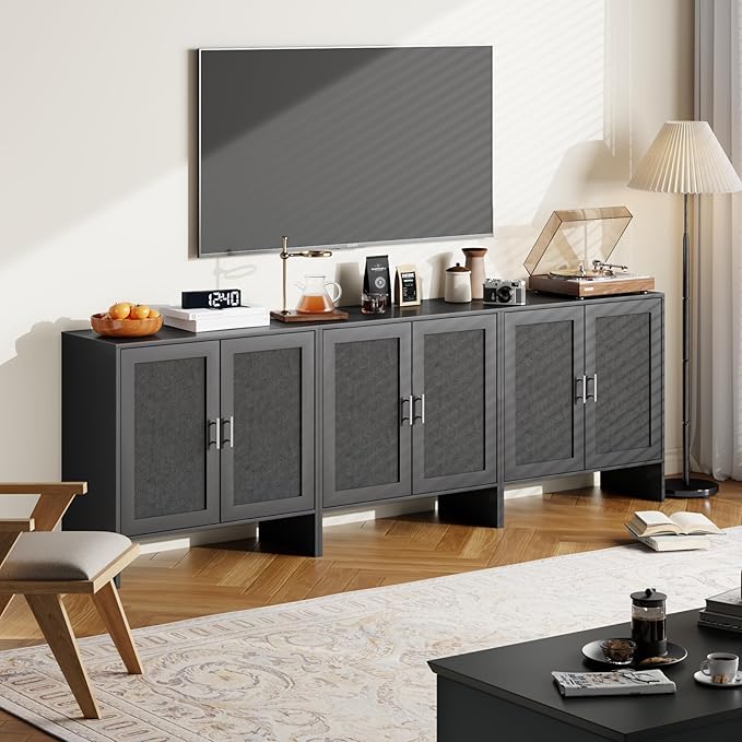 DHZ Buffet Cabinet with Storage & Adjustable Shelf - Farmhouse Sideboard with Black Rattan Decorated Doors, Coffee Bar Cabinet for Kitchen, Dining Room Organizer