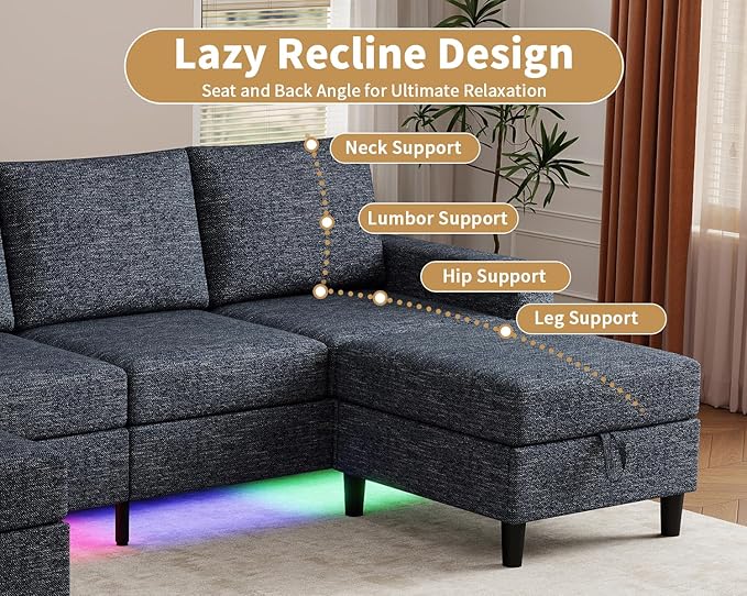 Smart Sectional Couches for Living Room, 4 Seat U/L Shaped Sectional Sofa with RGB Light/Charging, Modern Living Room Furniture for Apartments/Office/More (Blue)