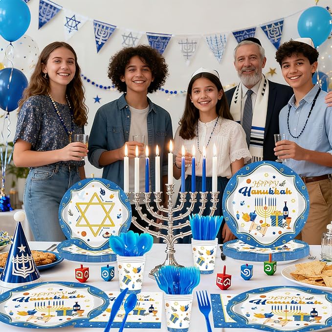 Hanukkah Plates and Napkins Set, Blue White Jewish Party Supplies for 24 Guests - Includes Disposable Paper Plates, Napkins, Cups & Cutlery for Hanukkah Decorations