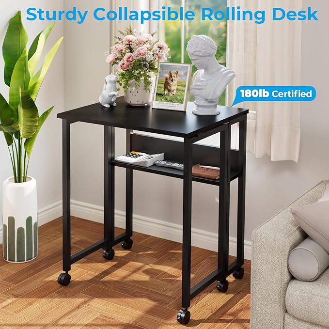 GreenForest Folding Desk Small Rolling Desk with Storage Shelf,31.5 inch Foldable Computer Desk with Wheels for Small Space, Easy Assembly,Black