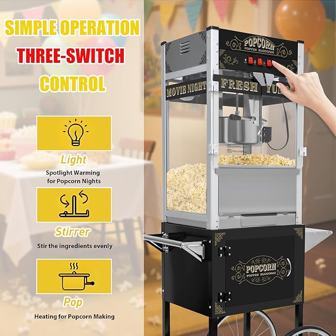 Commercial 20 Oz Popcorn Machine with Cart - 100 Cups, Stainless Steel Kettle, Warming Light - Portable Popper for Home Theater & Parties, Sleek Black