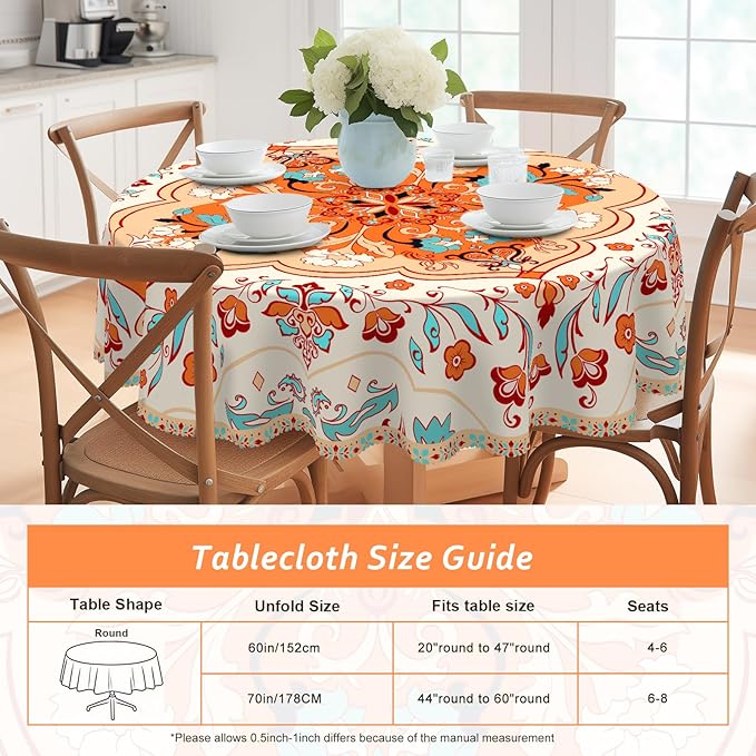 Eikione Bohemia Round Tablecloth 60inch,Table Cloth Waterproof and Wrinkle-Free, Boho Table Covers, Summer Decorations for Home