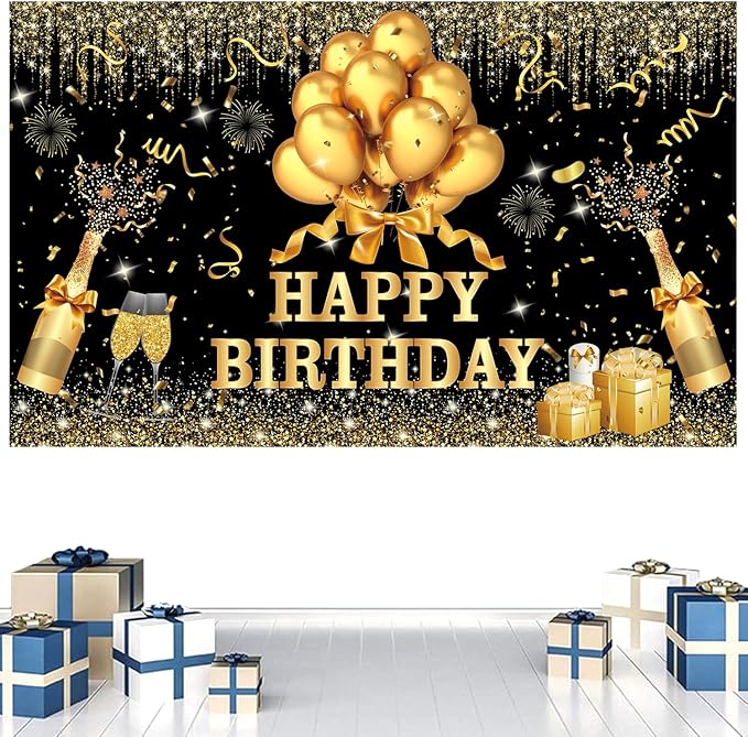 YinQin 180x120 cm Glitter Golden Black Happy Birthday Backdrops Banners Cloth 71x47 inch Bday Party Photography Backgrounds Shiny Black Gold Happy Birthday Sign Party Decorations for Girl Women