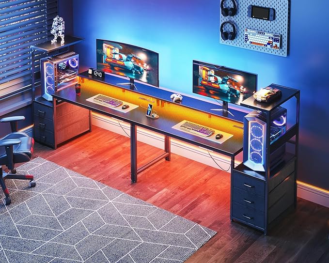 AODK 59 Inch Gaming Desk with USB Charging Ports & LED Light- Reversible Computer Desk with Storage Shelves & Monitor Stand, Modern Gamer Desk Table with Fabric Drawers & Side Hook, Carbon Fiber Black