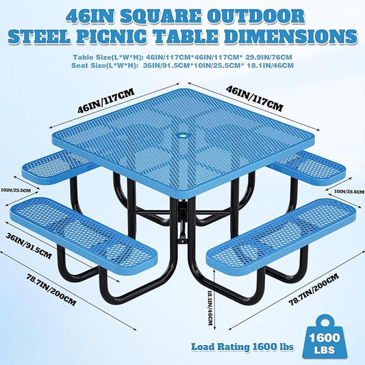 47'' Heavy-Duty Metal Picnic Tables with Umbrella Hole, Outdoor Steel Heavy Duty Commercial Grade Black Table, Outdoor Bench Set for Lawn, Patio, Park, Yard, Garden, Porch (Set B, Square)