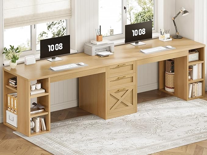 SEDETA Farmhouse 96.5" Computer Desk with Drawers, 2 Person Home Office Desk, Gaming Double Desk with Storage Shelves, Long Two Person Writing Desk, Oak