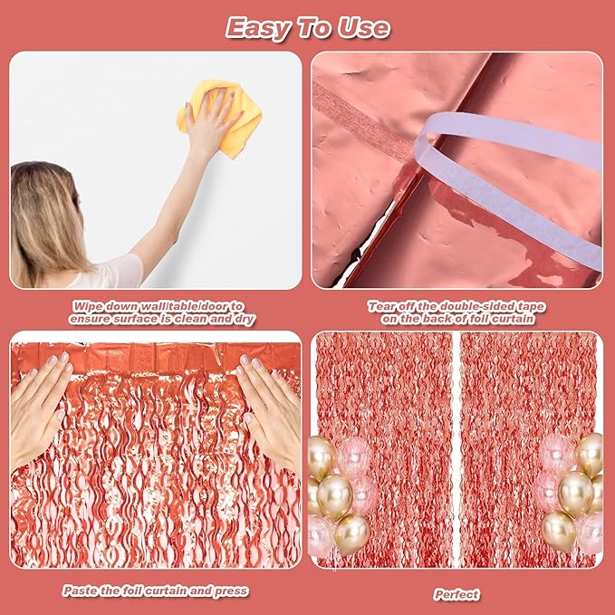 2 Pack 3.2x6.5 Feet Wavy Rose Gold Fringe Curtain Backdrop Wine Bachelorette Party Decorations Metallic Tinsel Streamers Foil Backdrop Background for Wedding Engagement Bride Be Baby Shower