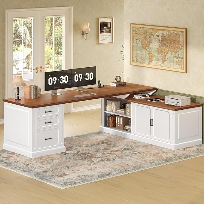 SEDETA Farmhouse L Shaped Desk with Drawers, 70.9" Home Office Desk with Storage Cabinet and Storage Shelves, L Shaped Computer Desk with Power Outlet,White