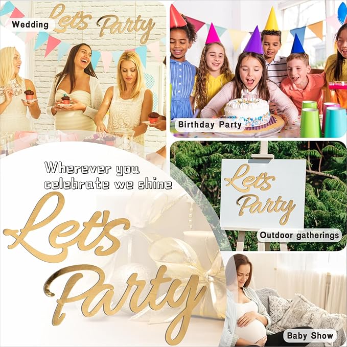 Let's Party Sign for Backdrop Decor Waterproof Lettering for Balloon Arch Garland Birthday Wedding Baby Shower Graduation Bachelorette Party Christmas Celebrate Decorations (Gold)