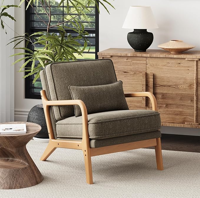 Accent Chair Set of 2 with Solid Wood Frame, Mid-Century Relaxing Armchair Lumbar Pillow& Soft Cushion, Reading Leisure Chair for Living Room, Bedroom, Waiting Room-Green