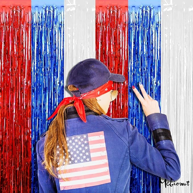 4 Pack 3.2Ft x 8.2Ft Independence Day Fringe Curtain Backdrop, Red Blue White Metallic Tinsel Foil Fringe Streamers Curtains Background for Photo Booth Birthday Wedding Carnival Party Decorations