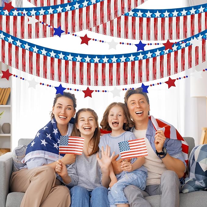 4th of July Decorations 2 Packs 39FT Patriotic Foil Fringe Garland,1 Pack 4.2FT Wooden Bead Garland, Red White Blue Patriotic Metallic Tinsel American Flag Banner of Halloween Party Independence Day