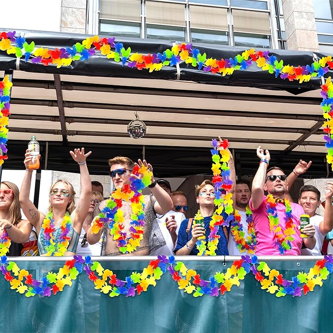 Pride Accessories, 24pcs LGBTQ Floral Leis Decorations Bulk, Rainbow Pride Month Silk Flower Leis Stuff, LGBT Gay Lesbian Accessories for Pride Parade Tropical Hawaiian Luau Party Decorations
