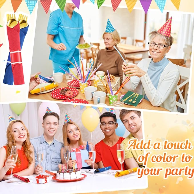 Lasnten 50 Pcs Pre-rolled Gold Plastic Silverware Set Colorful Disposable Plastic Cutlery Set with Napkins for Birthday Wedding Rainbow Mexican Party Outdoor Activity Gay Pride Party