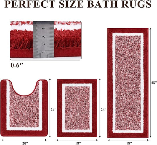 Pauwer 3 Piece Bath Mat Set Bathroom Rugs, Non Slip Plush Bathroom Mats, Absorbent Shaggy Bath Rug Set with U-Shaped Contour Toilet Mat for Bathroom Bedroom Living Room, Red