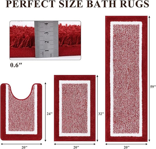 Pauwer Bathroom Rugs Sets 3 Piece Bathroom Shower Rugs with U-Shaped Contour Toilet Mat Absorbent Microfiber Plush Bath Mats Non Slip Bath Rugs Machine Washable Shaggy Floor Mats, Red