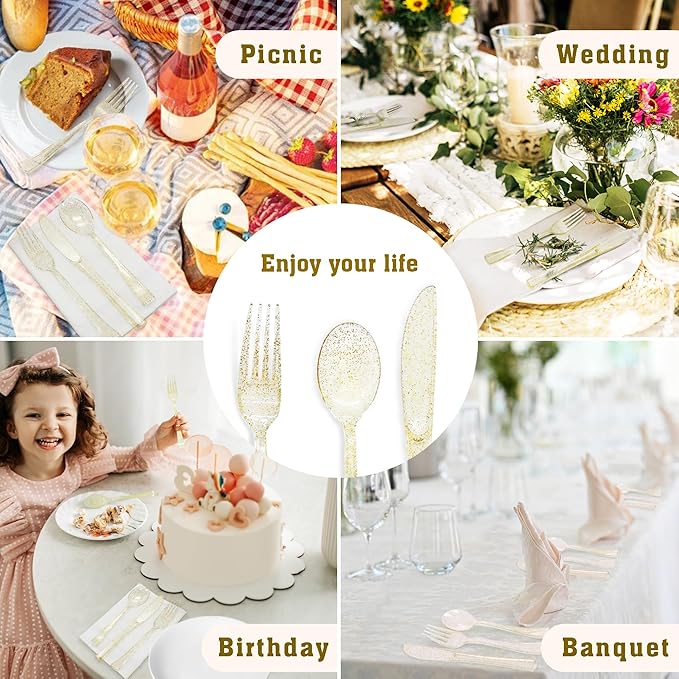 150 Pack Gold Plastic Silverware, Glitter Plastic Silverware Heavy Duty -50 Gold Glitter Forks, 50 Knives, 50 Spoons for Birthday, Baby Shower, Bridal Shower, Family Gathering