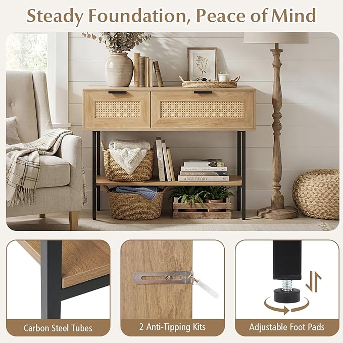 Giantex Rattan Console Table with Storage, 40" Boho Entryway Table w/ 2 Flip Door Cabinets & Shelf, Metal Frame, 2 Anti-Tipping Kits, Narrow Long Behind Couch Sofa Table for Entrance Hallway, Natural