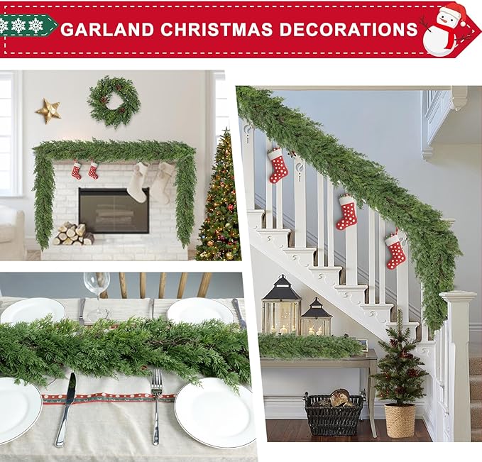 6 Ft Real Touch Christmas Garlands,Thick and Lush,Soft Bendable, Pine Cedar Garland Artificial Realistic, guirnaldas navideñas,Christmas Garland for Mantle,Outdoor Indoor Christmas Decorations
