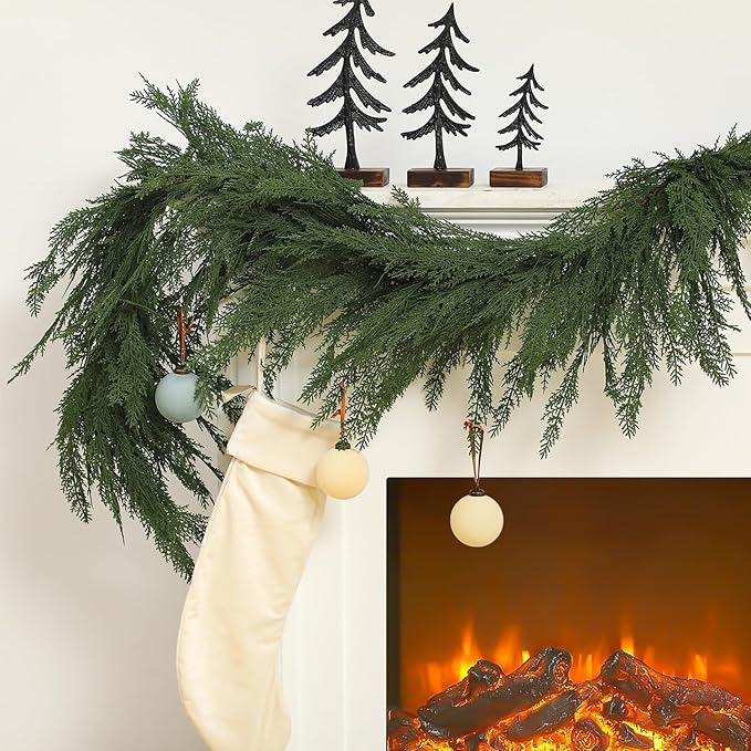 Jutom 1 PCS 6 ft Christmas Cedar Garland - Green Artificial Realistic Cedar Garland Faux Decoration for Table, Mantel, Wall Winter Holiday Party