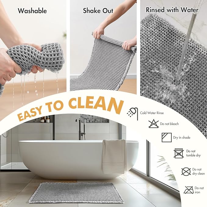 MIULEE Set of 2 Waffle Bathroom Runner Rugs, Boho Bath Rugs Non Slip Washable, Super Absorbent Runner Bath Mats, Rubber Backed, Ideal for Hallway Laundry Room, Light Grey, 2'x6'(24x72 Inch)