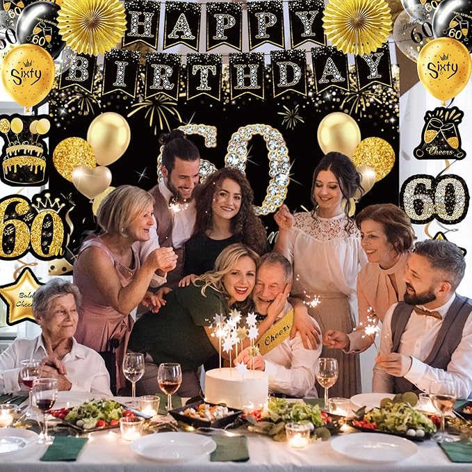 60th Birthday Decorations,39pcs-60th Birthday Decorations for Men & Women,Black Gold 60th Birthday Eyeglasses Decorations Banner Balloons Backdrop Hanging Swirls Paper Fans ,1965 Banner Party Supplies