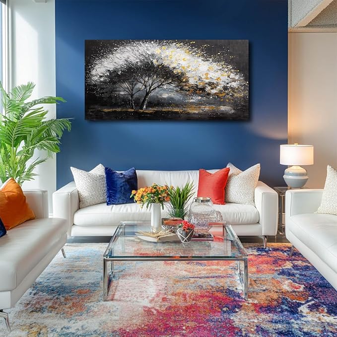 White and Gold Wall Art Tree Wall Decor Contemporary Landscape Canvas Art for Living Room Black Framed Wall Prints for Bedroom Office 24x48 Inch