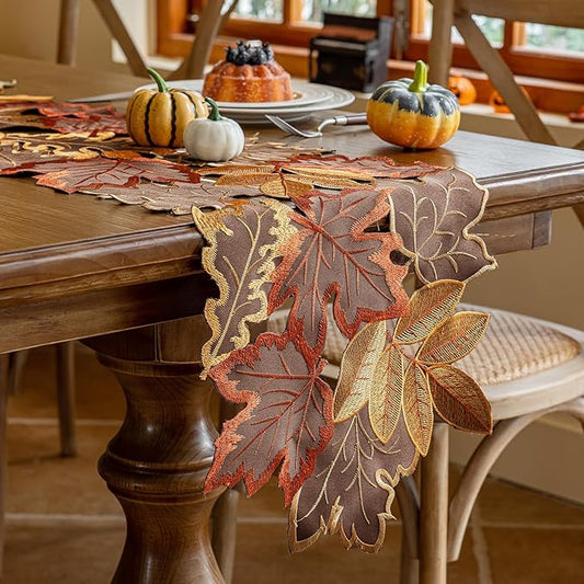 Joyfol Day Fall Thanksgiving Table Runner 14 x 33 Inches, Cutwork Embroidered Brown Maple Leaves Table Runners, Autumn Rust Dresser Scarf for Harvest Party Dinner Seasonal Decoration