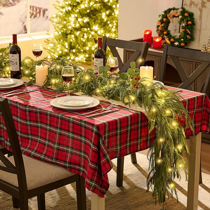 9FT Christmas Garland with Lights, Battery Operated Garland with Red Berries and Eucalyptus Leaves, Real Touch Artificial Prelit Garland for Mantle, Fireplace, Table, Stairs & Christmas Decorations