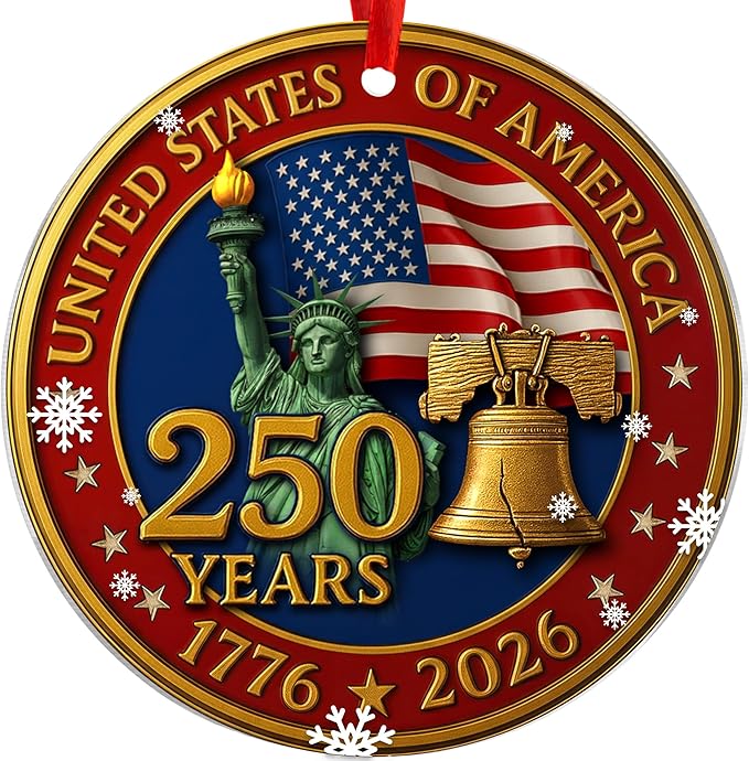 United States 250th Anniversary Ornament, 2D Acrylic 250th Anniversary USA Christmas Tree Ornament, 250 Patriotic American Christmas Ornaments, Gift for US Citizens, Patriotic Collectors (USA Pedal)