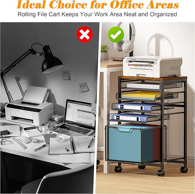 Rolling File Cart 5-Tier, Under Desk Cabinet with Sliding Metal Mesh Trays for Binder Storage, Utility Cart Printer Stand with Wheels for Letter-Size File Storage, for Office & Homeschool Organization