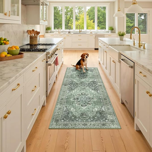 Area Rugs 2'x6' Runner Rug Non Slip Washable for Kitchen Hallway Bedroom Beside Laundry Room Bathroom Rug, Floor Carpet, Dark Green Gray