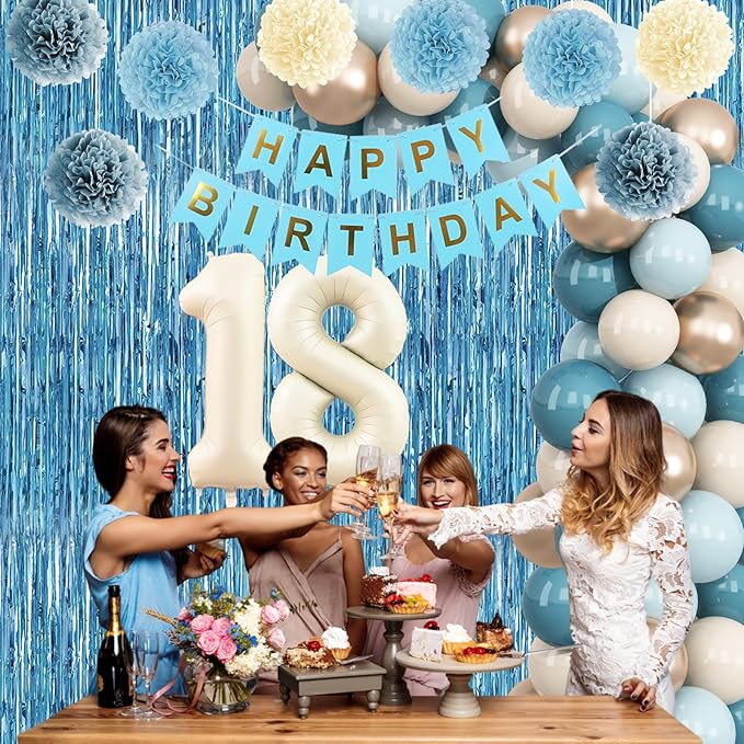 Dusty Blue 18th Birthday Party Decorations Boys Girls Beige Cream Number 18 Balloon with Blue Gold Happy Birthday Banner Fringe Curtain Paper Pom Poms Nude White Sand Champagne Star Foil Balloons